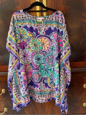 Lilly Pulitzer Lindamarie Silk Caftan Skipping Stones Beach Plum XS/S